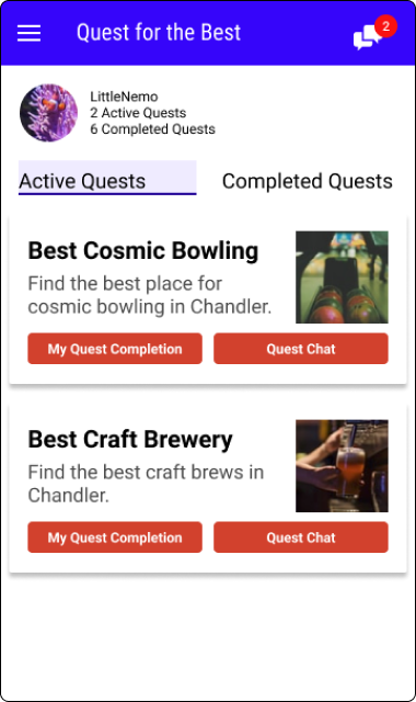 Image of home screen with Active Quests selected