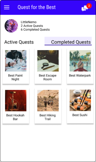 Image of home screen with Completed Quests selected