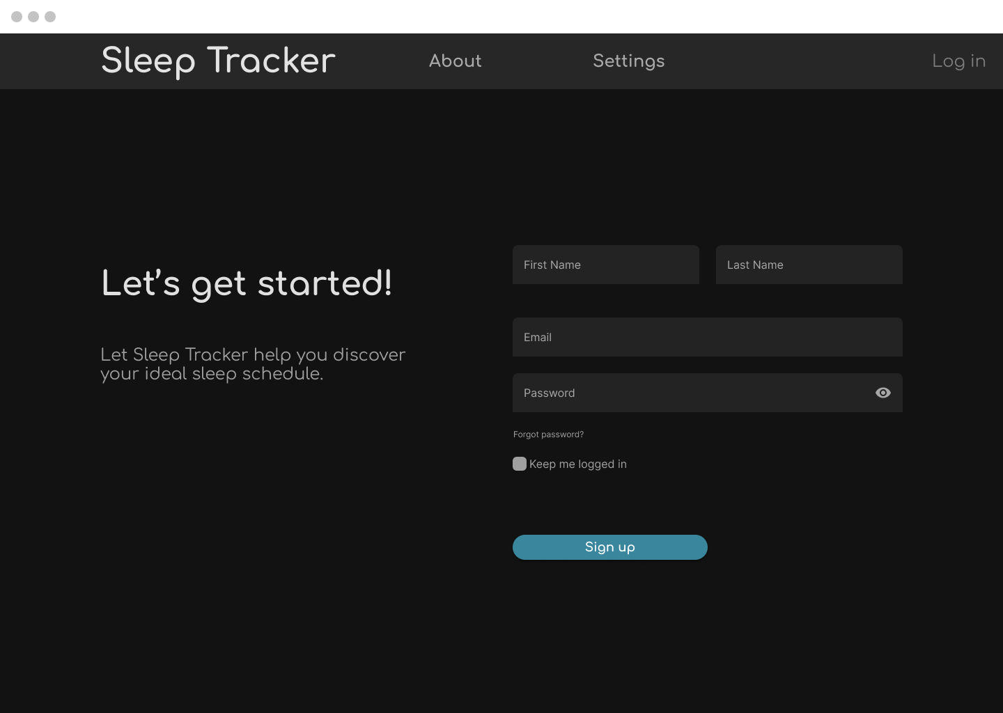 Image of High Fidelity mock up of Sleep Tracker registration page