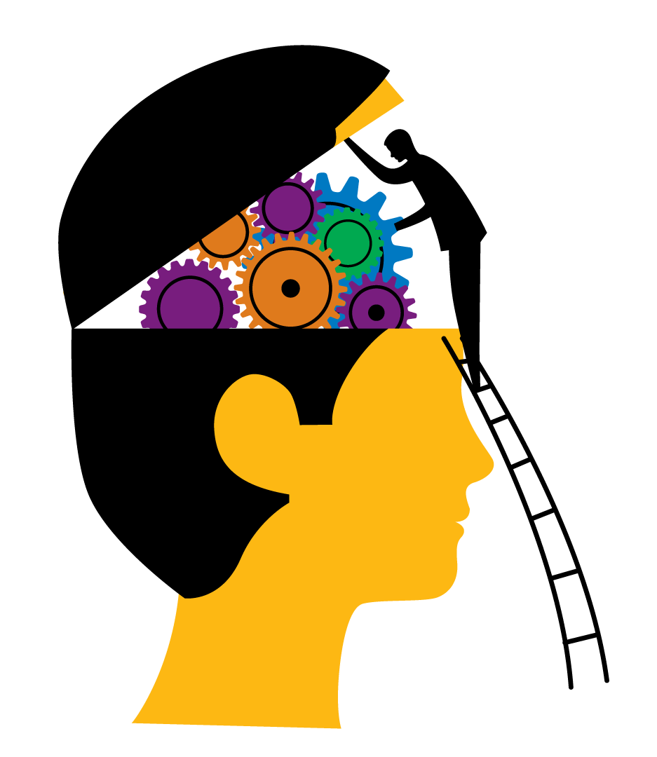 clipart image of a person looking into a head filled with gears