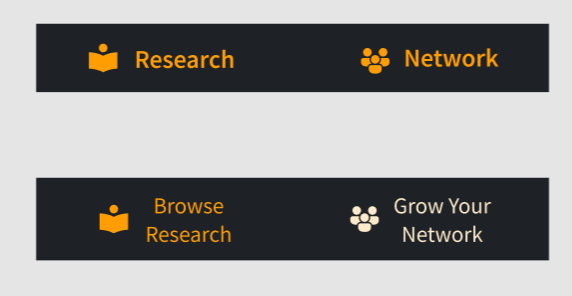 Original bottom nav with labels 'Research' and 'Network', and updated nav with labels 'Browse Research' and 'Grow Your Network'