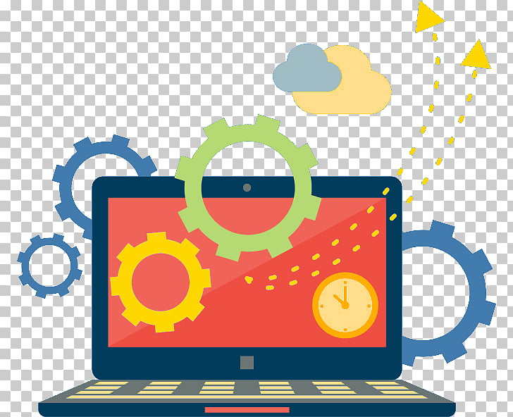 clipart image of a computer surrounded by gear shapes
